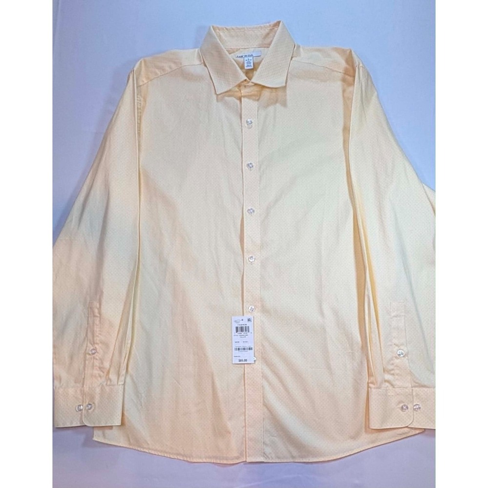 Bar III Mens L 16-16.5 Slim Fit Stretch Dress Shirt Yellow Micro Print Geometric